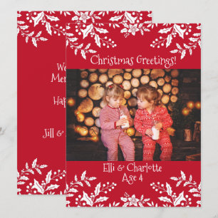 Christmas Photo Red, White Holly, Festive Card