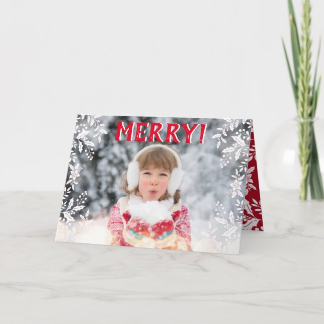 Christmas Photo Red, White, Holly, Festive Holiday Card (Front)
