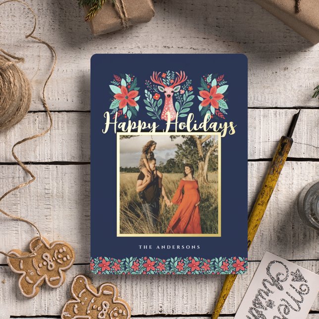Christmas Photo Reindeer Floral Blue Foil Holiday Card (Creator Uploaded)