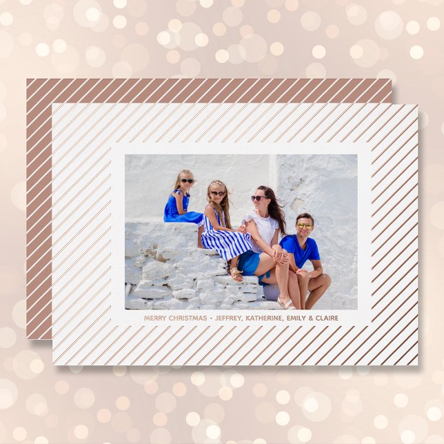 Christmas Photo Rose Gold Pinstripe Foil Holiday Card (Creator Uploaded)