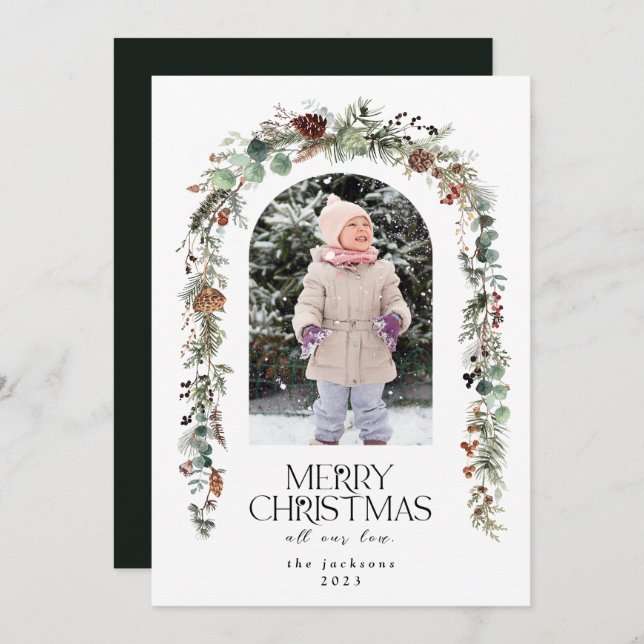 Christmas Photo Rustic Greenery Berries Cedar      Holiday Card (Front/Back)