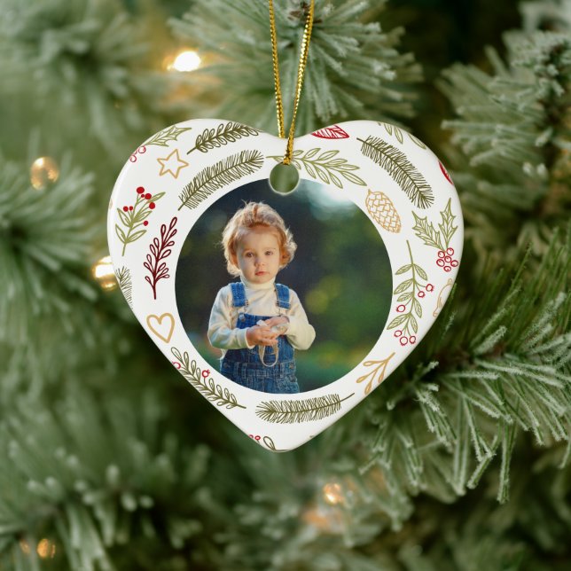 Christmas Photo Rustic Pine Foliage Heart Shape Ceramic Tree Decoration (Tree)
