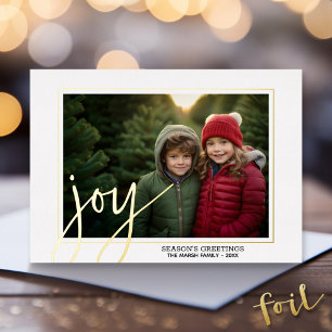 Christmas Photo Script Gold JOY - Christmas Plaid Foil Holiday Card