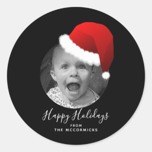 Christmas Photo Script Happy Holidays Santa Hat Classic Round Sticker