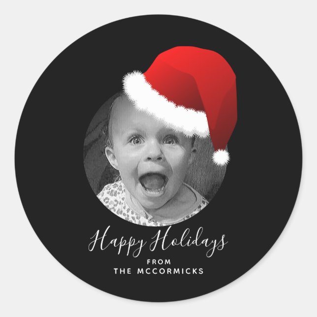 Christmas Photo Script Happy Holidays Santa Hat Classic Round Sticker (Front)