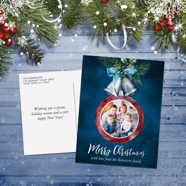 Christmas Photo Silver Bells Navy Blue  Foil Holiday Postcard (Creator Uploaded)