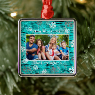 Christmas Photo Snowflakes Name Blue Metallic Meta Metal Tree Decoration