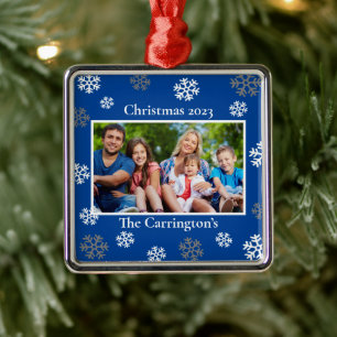 Christmas Photo Snowflakes Name Date Blue Metal Or Tree Decoration