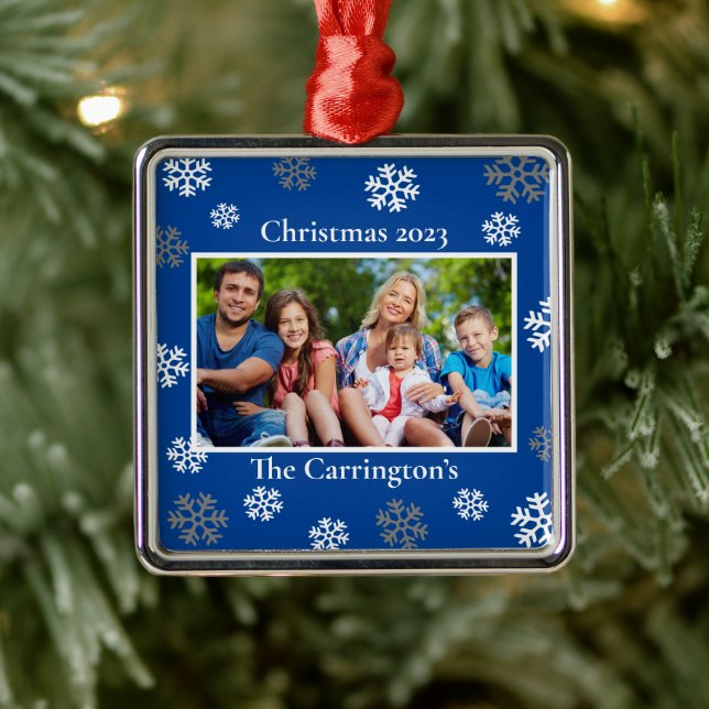 Christmas Photo Snowflakes Name Date Blue Metal Or Tree Decoration (Tree)