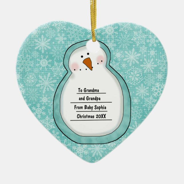 Christmas Photo Snowman Customisable Date and Name Ceramic Tree Decoration (Front)