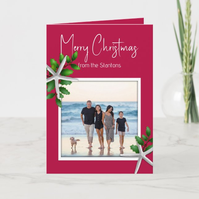 Christmas Photo Starfish n Holly Holiday Card (Front)
