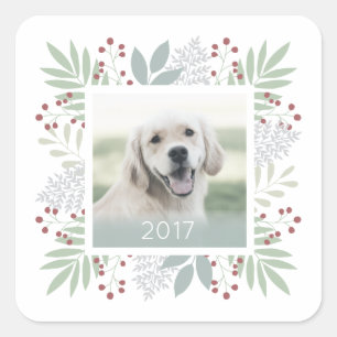Christmas photo sticker leaves & berries   Square