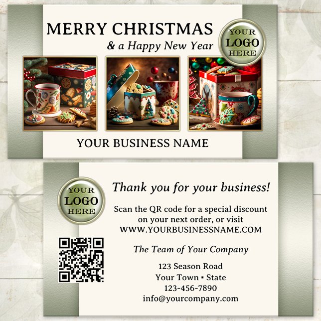 Christmas Photo Thank You For Your Business Card (Green ivory photo Christmas Holidays Thank You business card with logo and QR code templates)