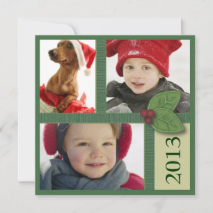 Christmas Photo Trio in Green Holly Berry Greeting Holiday Card