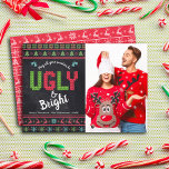 Christmas Photo Ugly Sweater Chalkboard Fun Nordic Holiday Card<br><div class="desc">“May all your sweaters be ugly & bright.” Celebrate the holidays in “style” with your ugliest, tackiest Christmas sweaters! On the left side, cute, whimsical trees, reindeer, ornaments, and playful “sweater” typography in red, green and aqua blue, overlay a chalkboard background. Your custom photo is on the right. A white...</div>