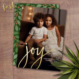 Christmas Photo Vertical - Script Gold JOY in Foil Holiday Card