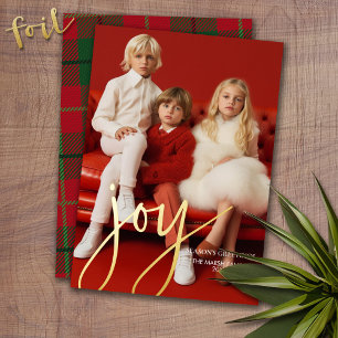 Christmas Photo Vertical - Script Gold JOY plaid Foil Holiday Card