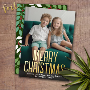 Christmas Photo Vertical - with Gold Merry in Foil Holiday Card