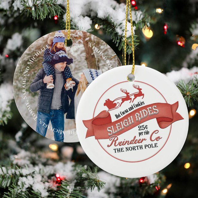 Christmas Photo Vintage Sleight Rides Custom Ceramic Tree Decoration (Christmas photo ornament with cute Reindeer sleigh rides typography sign. )