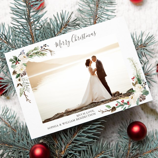 Christmas Photo Watercolor Berries and Boughs Holiday Card (Creator Uploaded)
