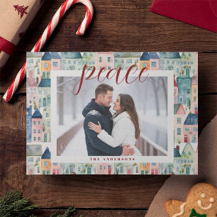 Christmas Photo Watercolor Houses Horizontal Holiday Card