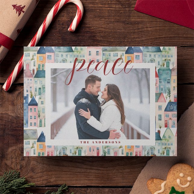 Christmas Photo Watercolor Houses Horizontal Holiday Card (Creator Uploaded)