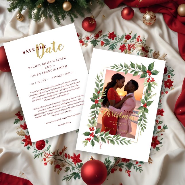 Christmas Photo Wedding Leaves & Red Berries Save The Date (Decorative Christmas Photo Frame with Green Leaves & Red Berries Christmas Card.)