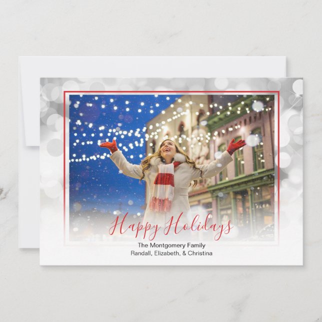 Christmas Photo White Bokeh Red Framed Holiday Card (Front)