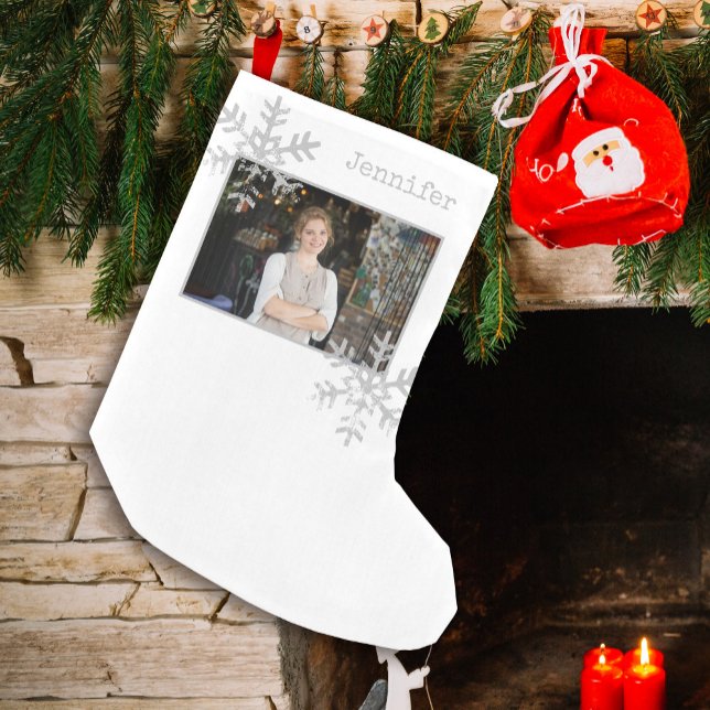 Christmas Photo White Distressed Snowflakes Small Christmas Stocking (Distressed Rustic Snowflake design that can be personalized with a  photo and name monogram.)