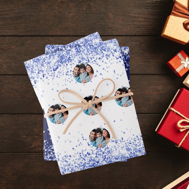 Christmas photo white navy blue confetti wrapping paper sheet (Creator Uploaded)
