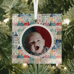 Christmas Photo Winter Festive Houses Holiday Glass Tree Decoration