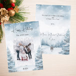 Christmas photo winter landscape holiday card<br><div class="desc">Watercolored winter forest as background.  Personalise and add your family name and a photo. Snow overlay.  Happy Holidays written with a trendy handlettered style script. 
Back: add your message and names.</div>