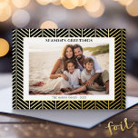 Christmas Photo with Herringbone Gold Border in Foil Holiday Card<br><div class="desc">A modern look for a holiday photo card. A textured gold foil border surrounds the photo and holiday greeting. Highlighted with black in the background makes this a non-traditional holiday card.</div>