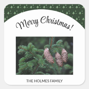 Christmas Photo With Illustrated Tree Pattern Square Sticker
