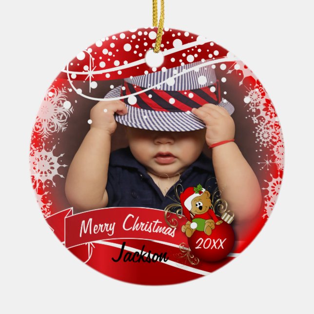 Christmas Photo with Santa Bear on Red Ceramic Tree Decoration (Front)