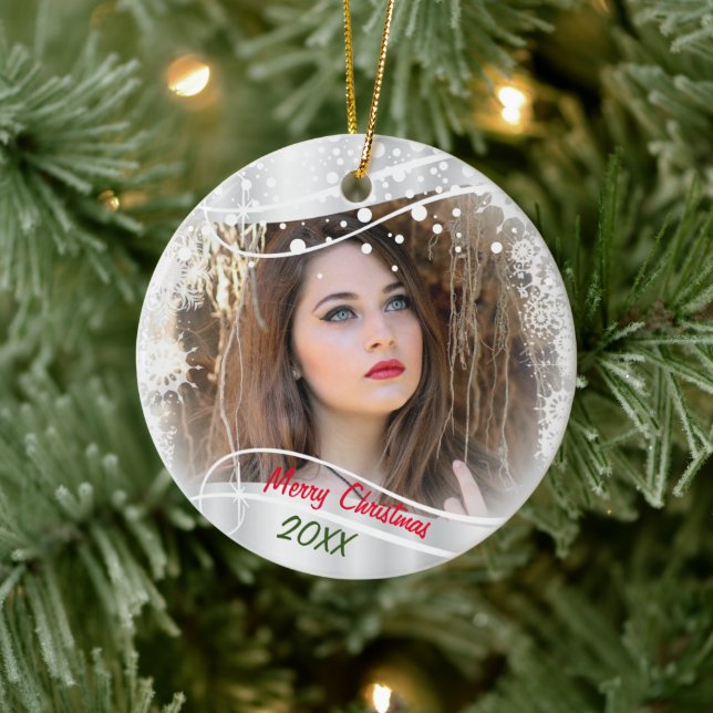 Christmas Photo with Snowflakes on White Ceramic Tree Decoration (Tree)