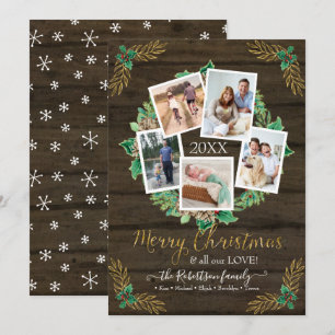 Christmas Photo Wreath Gold Rustic Watercolor Holiday Card