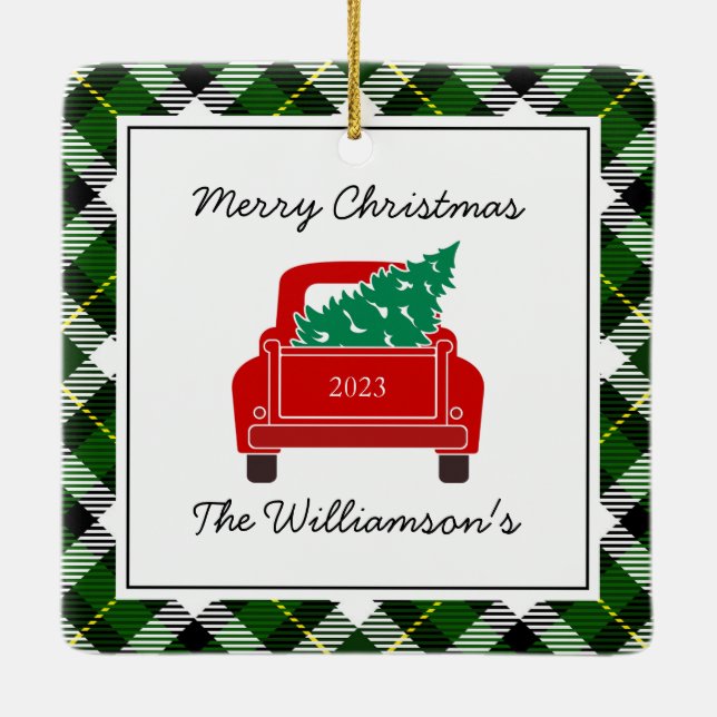 Christmas Photo Year Name Red Truck Green Plaid Ceramic Ornament (Back)