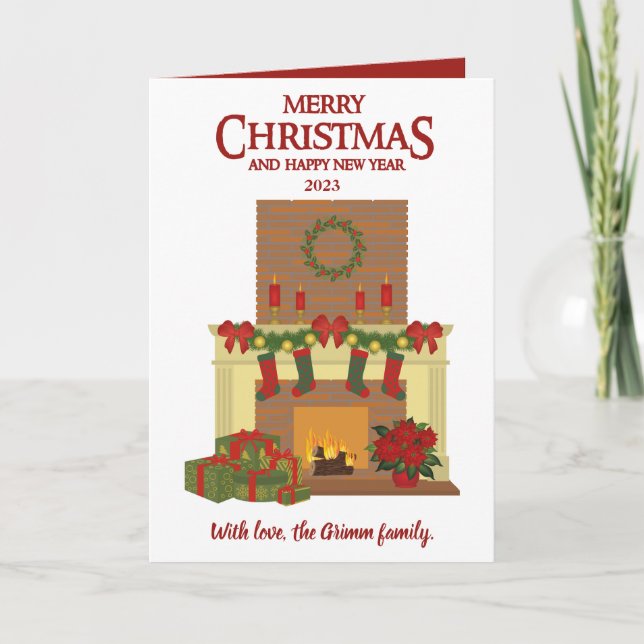 Christmas photocard fireplace Red White one photo  Holiday Card (Front)