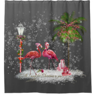 Christmas Phrase With Flamingos Couple Shower Curtain