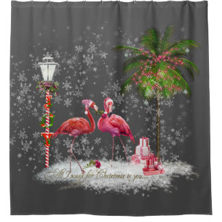 Christmas Phrase With Flamingos Couple Shower Curtain