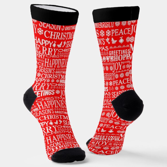 Christmas phrases text pattern in red and white socks (Angled)