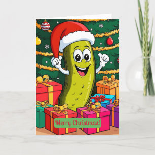 Christmas Pickle Cartoon Character Presents Thank You Card
