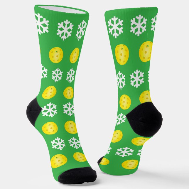 Christmas Pickleball and Snowflakes Fun Sporty Socks (Angled)