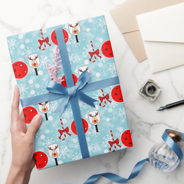 Christmas Pickleball Paddle Joy Snowflakes on Blue Wrapping Paper (Gifting)