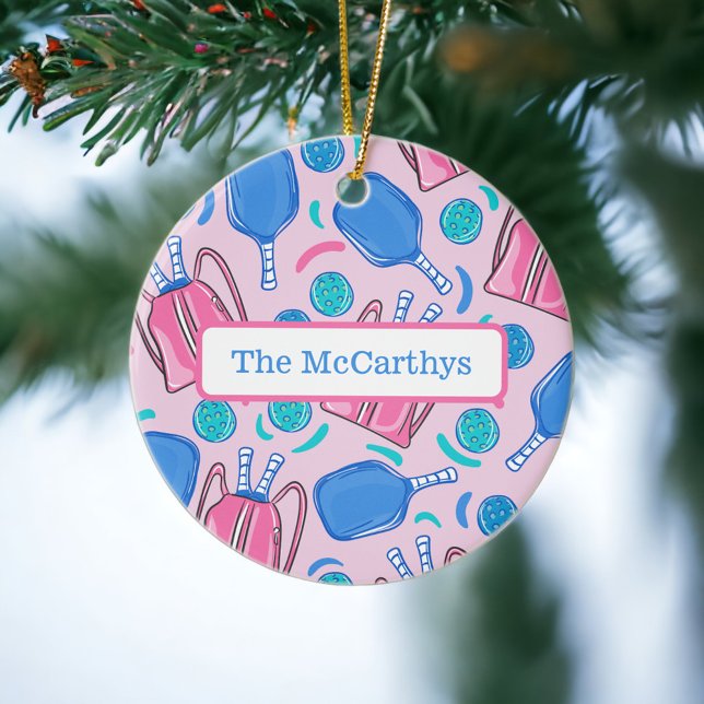 Christmas Pickleball Pink Preppy Personalised Ceramic Tree Decoration (Creator Uploaded)