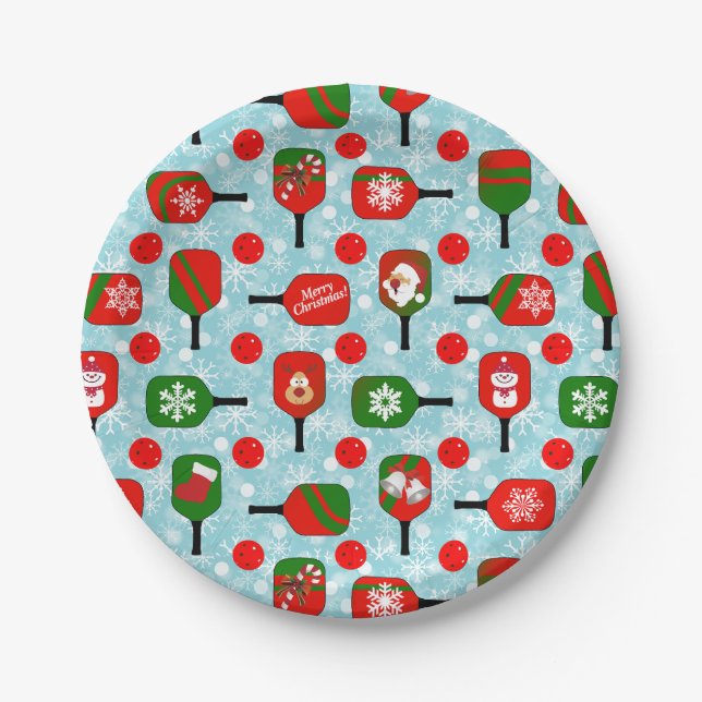 Christmas Pickleball Red Green Blue Snowflakes Paper Plate (Front)