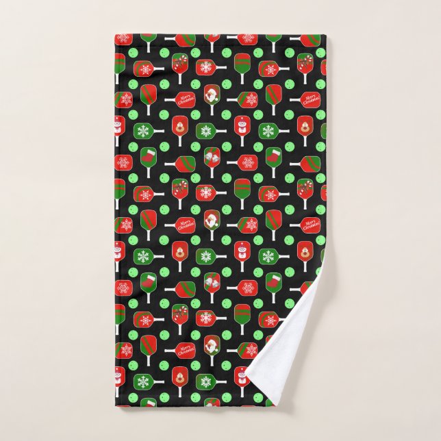 Christmas Pickleball Red Green Paddles Balls Black Hand Towel (Hand Towel)