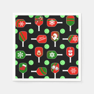 Christmas Pickleball Red Green Paddles Balls Black Napkin