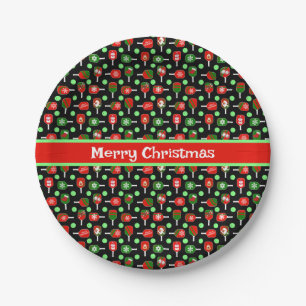 Christmas Pickleball Red Green Paddles Balls Black Paper Plate